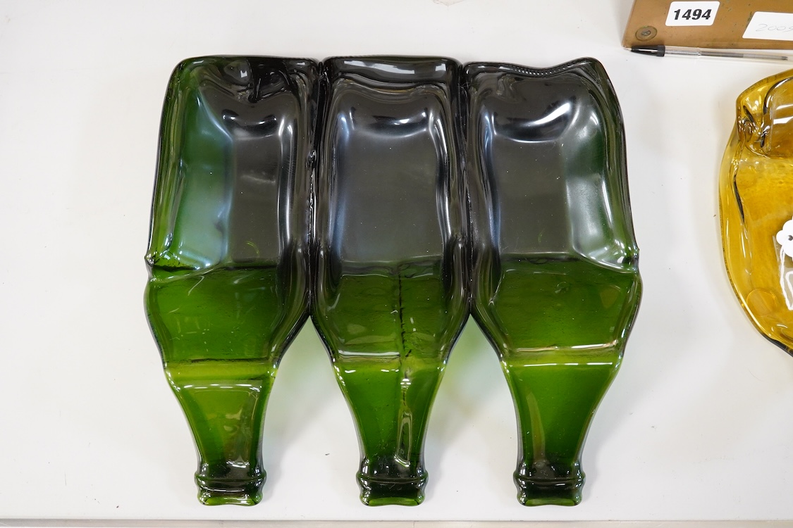 A Mary Canny green art glass, three sectioned ‘Champagne tray’, 29.5cm deep x 30.5cm wide